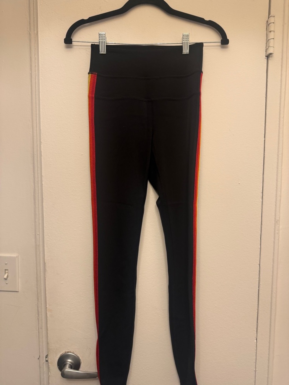 Spiritual Gangster Black Leggings with Red and Orange Side Stripes
